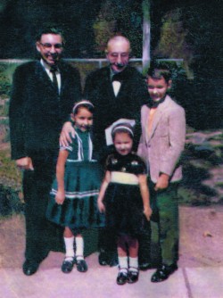 Outside the east door of St. Mary Magdalene on Ulster Street, in May 1963:  Dr. Healey Willan with cantor Albert Mahon and children Peter, Monica, and Catherine. Barbara (age two) was in the nursery. Albert’s wife, Anne, took the photograph.
