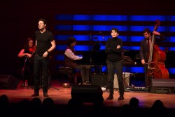 Jake Epstein (L) and Sara Farb, singing a final duet as Springsteen and Dylan on November 14. Photo credit: Joanna Akoyl.