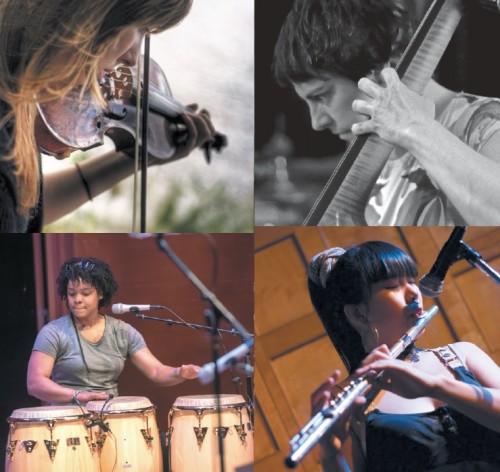 Clockwise from top left: Aline Homzy (violin), Emma Smith (bass), Anh Phung (flute), and Magdelys Savigne (drums/percussion)