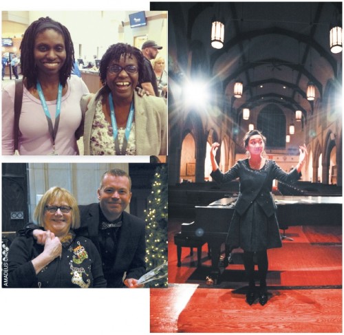 Clockwise from top left: Jenna and Karen Burke of the Toronto Mass Choir; Cheryll Chung of the Cantabile Chamber Singers (photo: Richard Jonathan Chung); Shawn Grenke of the Amadeus Choir with Mary Lou Fallis