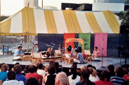 Evergreen Club Gamelan performing on the Anne Tindall stage at the first Toronto WOMAD, August 14, 1988. Photo by Ramona Timar.