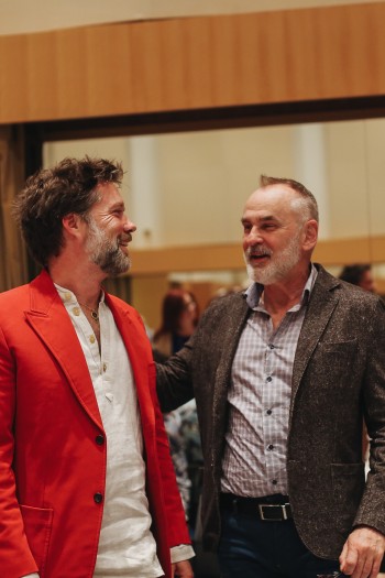 (from left) Composer Rufus Wainwright and librettist Daniel MacIvor at the first read-through of Hadrian’s score, May 2018. Courtesy COC