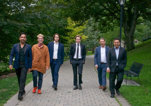 Five countertenors to perform at Kingston Road Village Concert Series: (from left) César Aguilar, Ryan McDonald, Ian Sabourin, Benjamin Shaw, Daniel Taylor and Miguel Brito (pianist). Photo credit KAREN E. REEVES