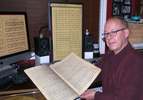 Trevor Wagler, Waterloo Concert Band director, with C.F. Thiele’s score. Photo by Pauline Finch.
