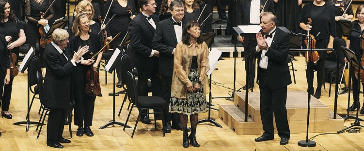 Alexina Louie with Lydia Adams (left) and Alex Pauk, conductor, Esprit Orchestra (right). Photo by Malcolm Cook