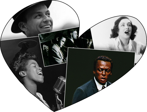 Clockwise from top left: Frank Sinatra, Chet Baker & Gerry Mulligan, Lee Wiley, Miles Davis, Sarah Vaughan. Sarah Vaughan photo by William P. Gottlieb