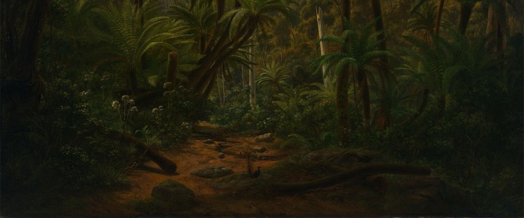 Eugene von Guerard’s oil painting Ferntree Gully in the Dandenong Ranges (1857), featuring two lyrebirds in the foreground.