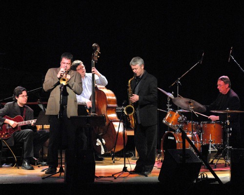 Steve Wallace, centre, in friendlier times, with the Barry Elmes Quintet. Photo by Don Vickery