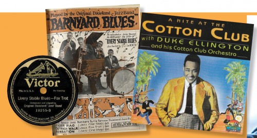 L to R: First pressing of "Livery Stable Blues" by ODJB, 1917; sheet music for the ODJB version under the alternate title "Barnyard Blues", from 1917, and a 1998 “Giants of Jazz” re-release of Ellington’s 1929 recording.