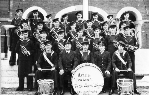 Not the missing 1943 HMCS Hunter Naval Reserve Band photo, but the 1942 HMCS Avalon Brass Band out of Newfoundland is book-ended with a pair of sousaphones too! Some of those young men are clearly too young to shave!