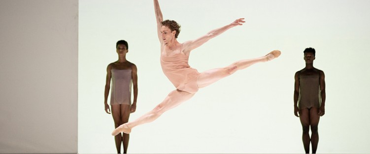 Skylar Campbell with Alexander Skinner and Siphesihle November in Chroma, part of The National Ballet of Canada's "Modern Masterpieces" series. Photo by KAROLINA KURAS