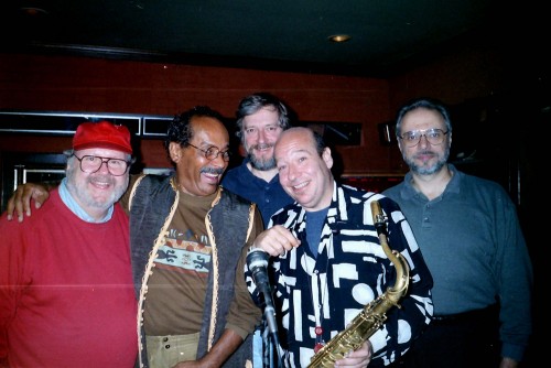 Pianist and Rex fixture Jim McBirnie took this photo in the mid-nineties: (l-r) Charlie Mountford, piano; Archie Alleyne, drums; Don Thompson, bass; Bob Mover, sax; and Pat LaBarbera, sax. Photo by Jim McBirnie.