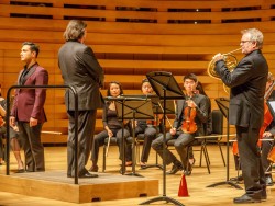 English Music For Strings -July 14 Photo Credit: James M. Ireland - Tenor Nicholas Phan (left), conductor Joseph Swenson (centre), Neil Deland (right) with the TSM Festival Strings