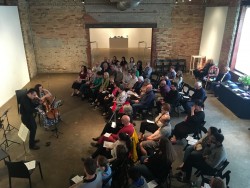 Mark Lee (violin) and Leana Rutt (cello), performing at Pocket Concerts' June 3 event. Photo credit: Rory McLeod.