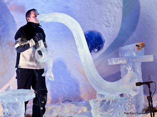 Norwegian composer Terje Isugset and ice instruments. Photo by Bjorn Furuseth.