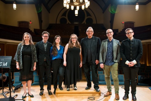 Esprit’s Ontario Resonance mentors’ finale concert, November 2017, at Trinity-St Paul’s Centre. (L to R) Soprano Rebecca Gray; composers Chris Thornborrow, Christina Volpini, & Bekah Simms; Esprit Orchestra conductor Alex Pauk; composer Adam Scime; composer and conductor Eugene Astapov. The mentors pictured worked with students from 6 schools across the GTA on student compositions. The mentors were each commissioned to write a piece of their own, which were premiered that evening. Photo by Kevin Lloyd