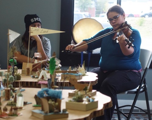 Melody McKiver improvising in Jumblies' touring project, Four Lands of Sioux Lookout, 2016.