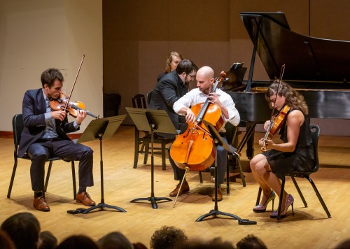 Joel Link, violin; Charles Richard-Hamelin, piano; Camden Shaw, cello; Milena Pajaro-van Stadt, viola. Photo credit: James Ireland.