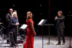 Co-artistic directors Brian Current (conductor) and Robert Aitken (alto flute) congratulate contralto Patricia Green following a performance of Le Marteau sans maître by Pierre Boulez. Also pictured: Douglas Perry (viola) and (obscured) Rob MacDonald (guitar). Photo by Daniel Foley