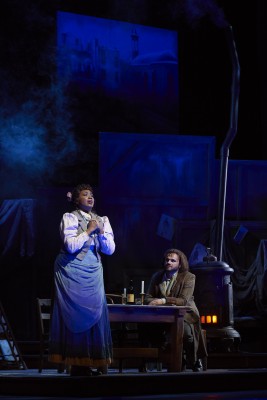 Angel Blue, who plays Bess in the Met’s current production of Porgy and Bess, seen here as Mimi, with Atalla Ayan as Rodolfo, in the Canadian Opera Company’s production of La Boheme, April 2019. Photo by Michael Cooper