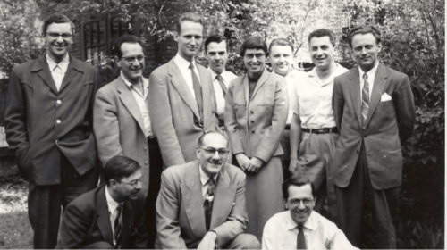 Canadian League of Composers, 1955.  Front (L-R): Jean Papineau-Couture, John Weinzweig, John Beckwith. Back (L-R): Louis Applebaum, Samuel Dolin, Harry Somers, Leslie Mann, Barbara Pentland, Andrew Twa, Harry Freedman, Udo Kasemets