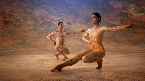 Dancers Ashley Chen and Melissa Toogood in Merce Cunningham’s Summerspace, choreographed to music by Morton Feldman, with costumes and décor by Robert Rauschenberg. Photo credit: Mko Malkhasyan, c/o Magnolia Pictures.