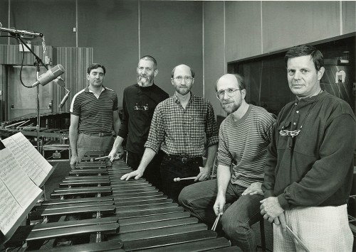 NEXUS members in the recording studio, 1986, (left to right): Bill Cahn, John Wyre, Bob Becker, Russell Hartenberger, Robin Engelmann.