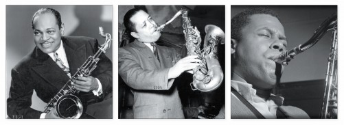 (from left): Coleman Hawkins, Lester Young, Wayne Shorter