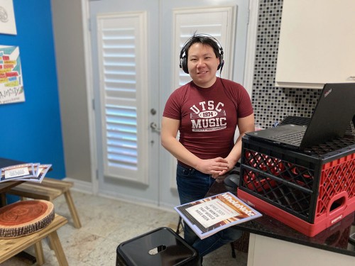Choral Scene columnist Brian Chang at home recording a vocal part for a virtual choir project with the Toronto Mendelssohn Choir and Toronto Symphony Youth Orchestra.. Photo by Jeff Slater.