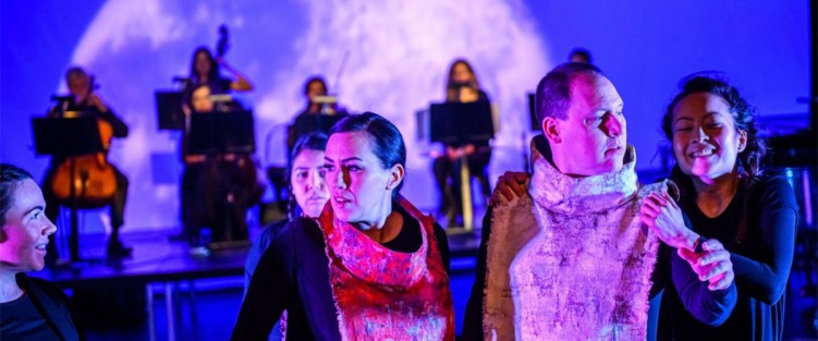 Soprano Melody Courage (left) and tenor Bud Roach in Pimooteewin, from Soundstreams and Signal Theatre’s co-production Two Odysseys. Photo credit: Dahlia Katz.