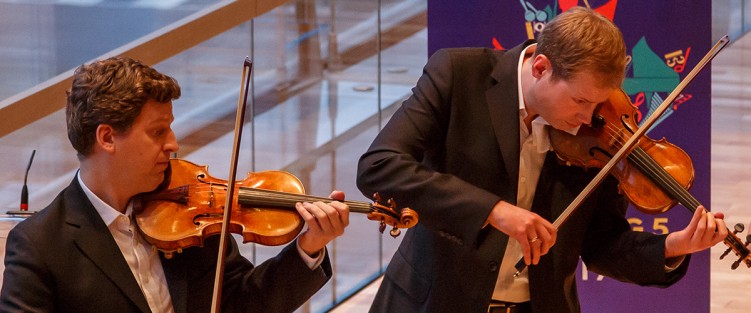 James Ehnes and Jonathan Crow at a TSM launch in the Richard Bradshaw Amphitheatre. Photo by Chris Hutcheson