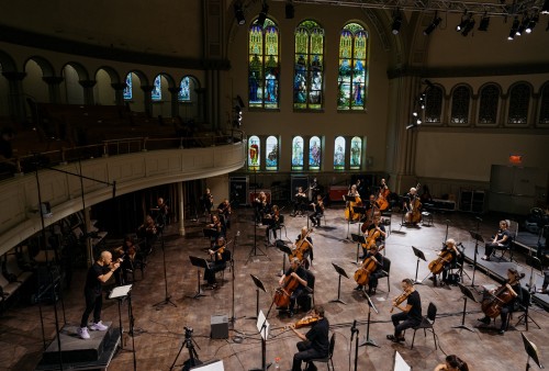 Orchestre Métropolitain de Montréal, with Yannick Nézet-Séguin, in a socially distanced rehearsal for their June and July Beethoven symphonies recording project, at Montreal’s Bourgie Hall, in June 2020. Photo credit Francois Goupil / Orchestre Metropolitain de Montreal
