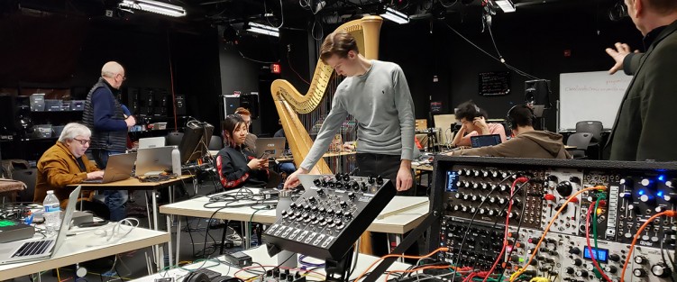 CEE and Exploded Ensemble in the studio, preparing for their collaborative concert at Carnegie Mellon University Feb 2020. Photo by Paul Stillwell