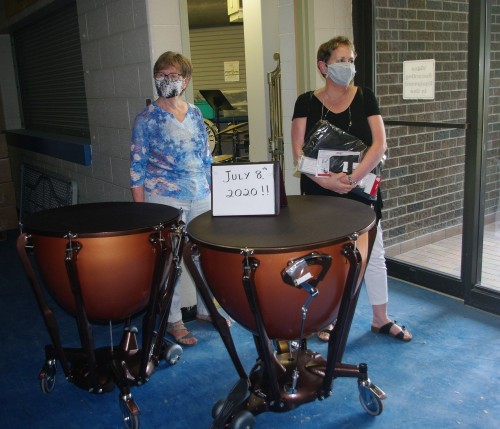 Newmarket Citizen Band’s Connie Learn, president, and Linda Guenther, vicepresident, with the brand new set of Ludwig timpani from Cosmo Music. Photo Newmarket Citizens Band