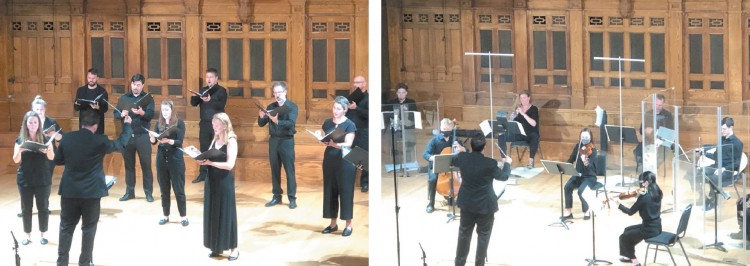 TMC recording sessions, at Trinity-St. Pauls Centre: daily health questionnaires and temperature checks; the stage marked with physically distanced spots for each singer and each orchestra musician (recorded at different times); all participants wore masks, artists removed theirs only in place, to record. Photo by Anne Longmore