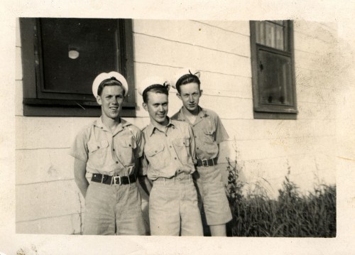 Jack (centre) and some young Navy buddies, fresh out of high school  “We were high school friends with a common interest in jazz and big band music – the boy on the right played piano quite well.”