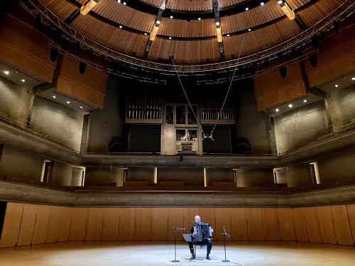 Music for Self-Isolation: Joseph Petrič and his accordion, recording at Roy Thomson Hall. Photo by Lisa Horvat