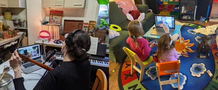 Sophia, in Toronto, leads an after-school ukulele-based music lesson with Amelia and Celeste (with Kaya, the lab, supervising), in Hornepayne, Ontario. Photography by Luca Perlman (L) and Leslie Kennedy