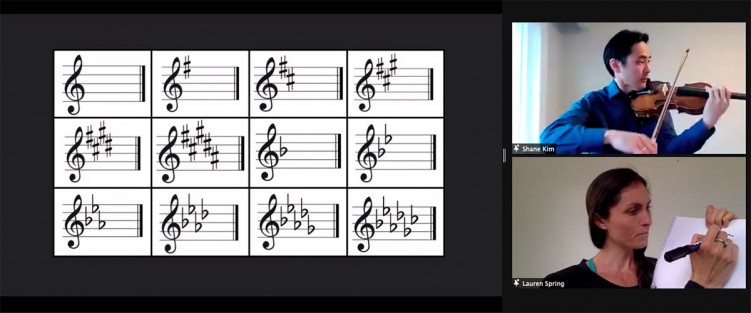 Violinist Shane Kim (above) and AGO educator Lauren Spring (below) demonstrate the difference between key signatures for a young online audience.