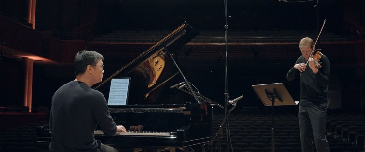 A recording session at the Palais Montcalm in Quebec City: Jonathan Crow and Philip Chiu performing Beethoven Sonatas for this summer’s festival.