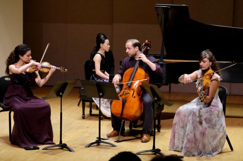 From the 2019 TSM Academy: left to right: Alessia Disimino, violin; Jialiang Zhu, piano; Andrew Ascenzo, cello; Milena Pajaro-van de Stadt, viola (Dover Quartet).