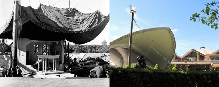 The 1953 stage and canopy, Stratford Festival (left),Stratford’s new Festival Theatre canopy. Photography by PETER SMITH COMPANY and CHRISTINE TEEPLE