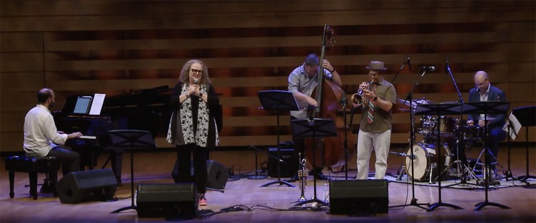 Still from JazzinToronto Live. Pictured (L-R): Adrean Farrugia, piano; Heather Bambrick, voice; Ross MacIntyre, bass; Chase Sanborn, trumpet; Mark Kelso, drums. Image c/o The Royal Conservatory of Music.