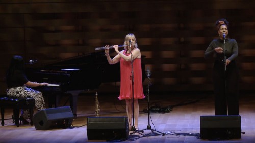 Still from JazzinToronto Live. Pictured (L-R): Dánae Olano, piano; Jane Bunnett, winds; Joanna Majoko, voice. Image c/o The Royal Conservatory of Music.