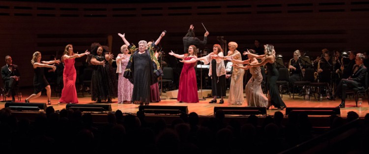 Who’s That Woman (The Mirror Song) with Jackie Richardson as “Stella” at centre; and (left to right) Tess Benger, Cynthia Dale, Jenny Burke, Mary Lou Fallis, Charlotte Moore (behind Richardson), Katelyn Bird, Lorraine Foreman, Denise Fergusson, Ma-Anne Dionisio, Kimberly-Ann Truong.  Photo credit: Lisa Sakulensky