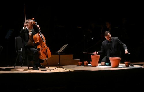 Joseph Johnson, TSO principal cello, and Charles Settle, TSO principal percussion, on flower pots, performing Boris Kerner by Caroline Shaw on November 17. Photo credit: Jag Gundu.