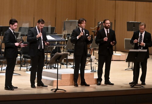 L-R: Joseph Kelly (Asst Timpani & Percussion), Charles Settle (Principal Percussion), Gusatvo Gimeno (Music Director), Dan Morphy (Percussion), and David Kent (Principal Timpani), performing Music for Pieces of Wood by Steve Reich on November 19. Photo credit: Jag Gundu.