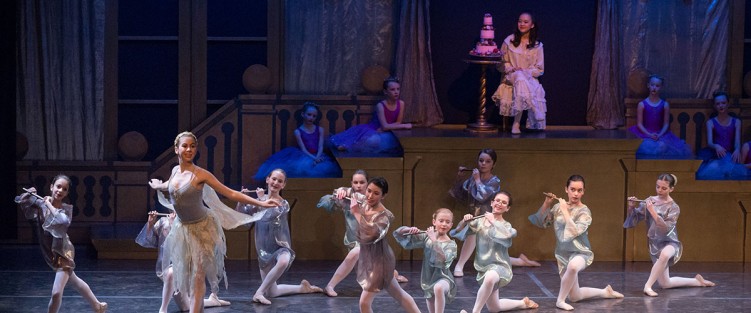 Still from the 2013 Pia Bouman School production of The Nutcracker, featuring lead dancers Ella Corkum (Water Sprite) and Karuna Hill (Clara). Photo credit: John McMurchy.