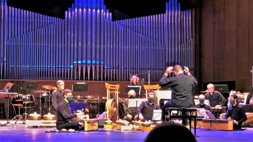 Some of the musicians in the Fusion Point concert at salle Claude-Champagne, Université de Montréal,, November 2021