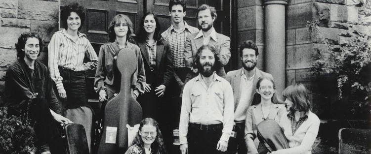 Tafelmusik on the steps of Trinity-St. Paul’s Centre in 1981: Jeanne Lamon is at the back, second from the left. Christina Mahler and her cello are next to her. And Alison Mackay is in the bottom right corner with her bass.